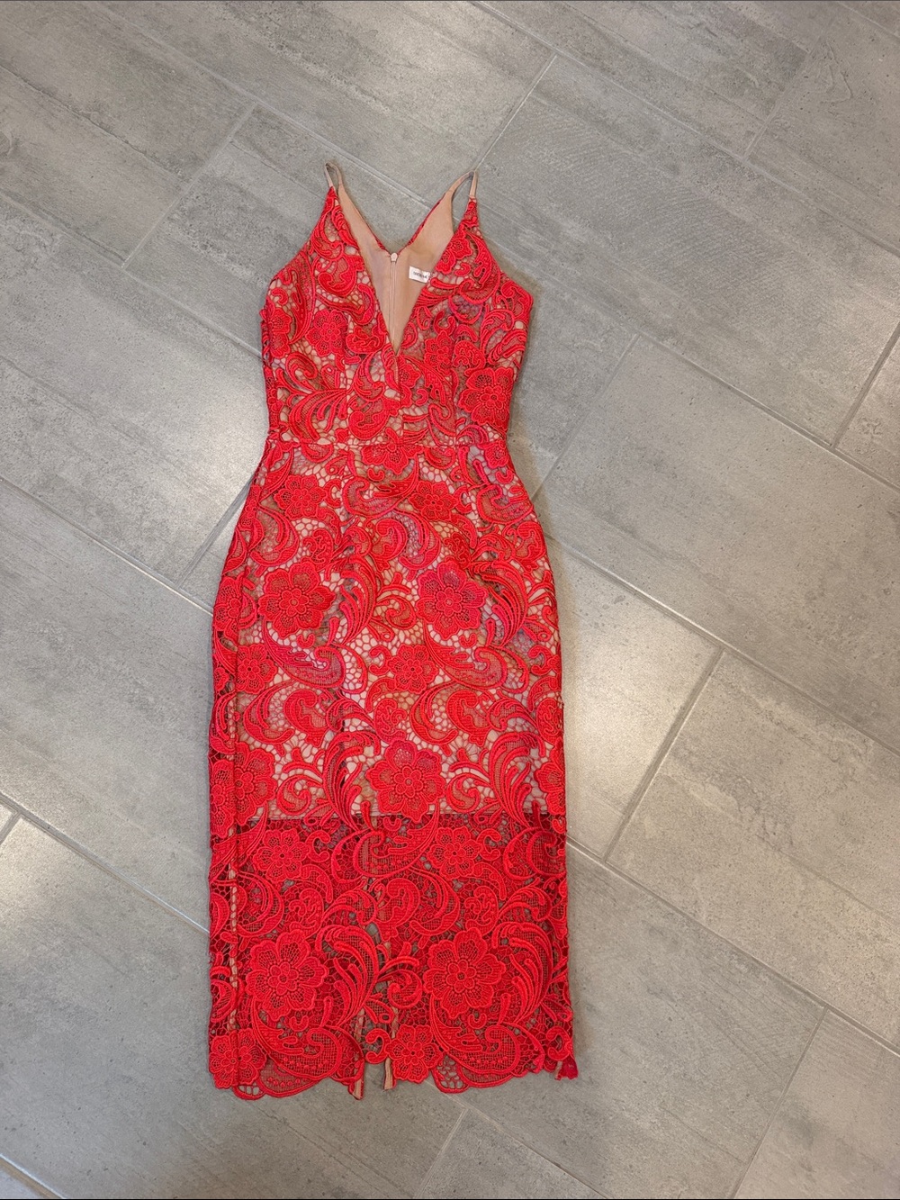Dress the Population Red Lace Midi Dress with V-Neckline
